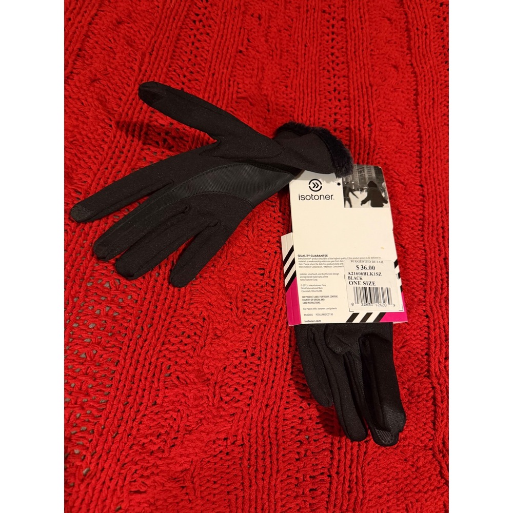 Isotoner Womens Black smartTouch Tech Gloves Faux Fur Trim A21606BLK1SZ One Size - Picture 2 of 3